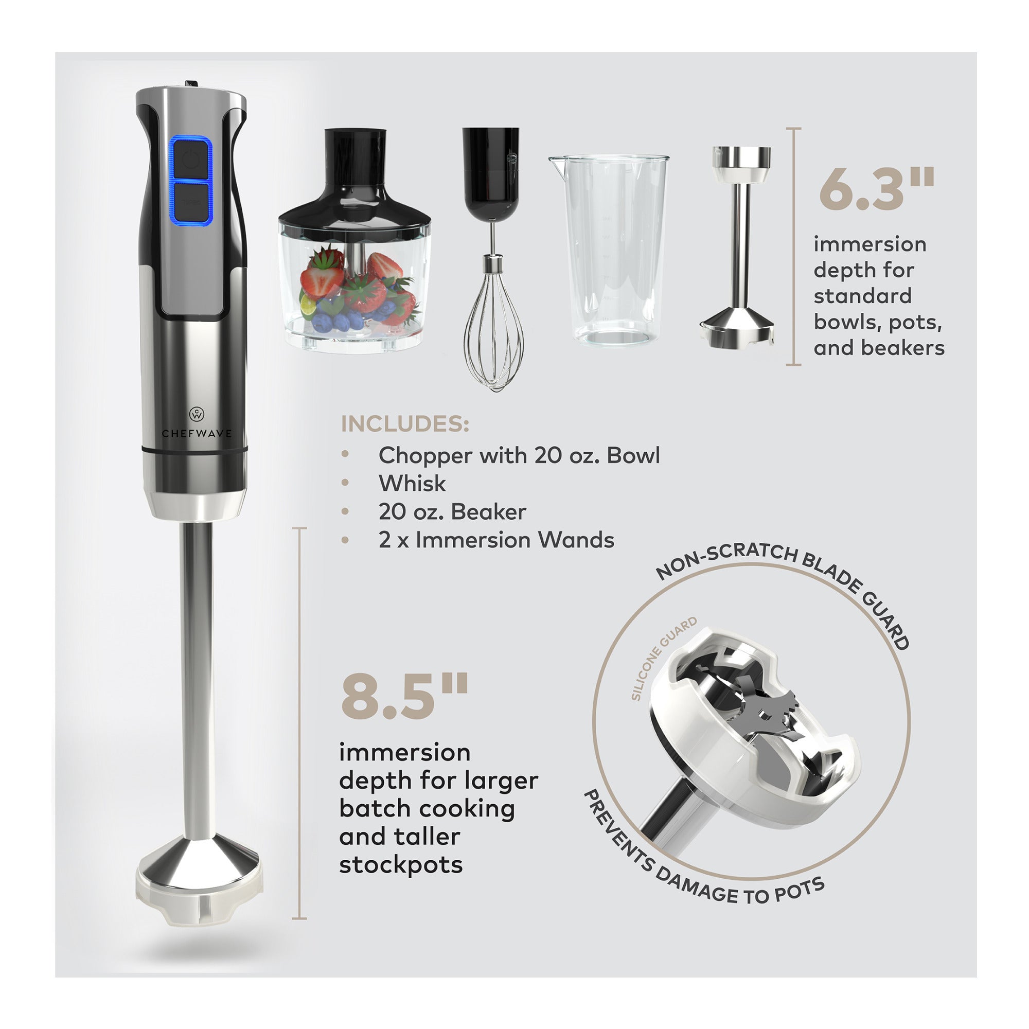 ChefWave Intermix 500-Watt 9-Speed Immersion Hand Blender with Attachments