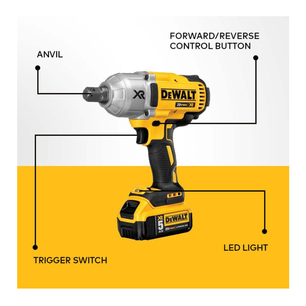 DeWalt 20V MAX XR 3/4-Inch Cordless Impact Wrench Kit with Hog Ring (5.0 AH)