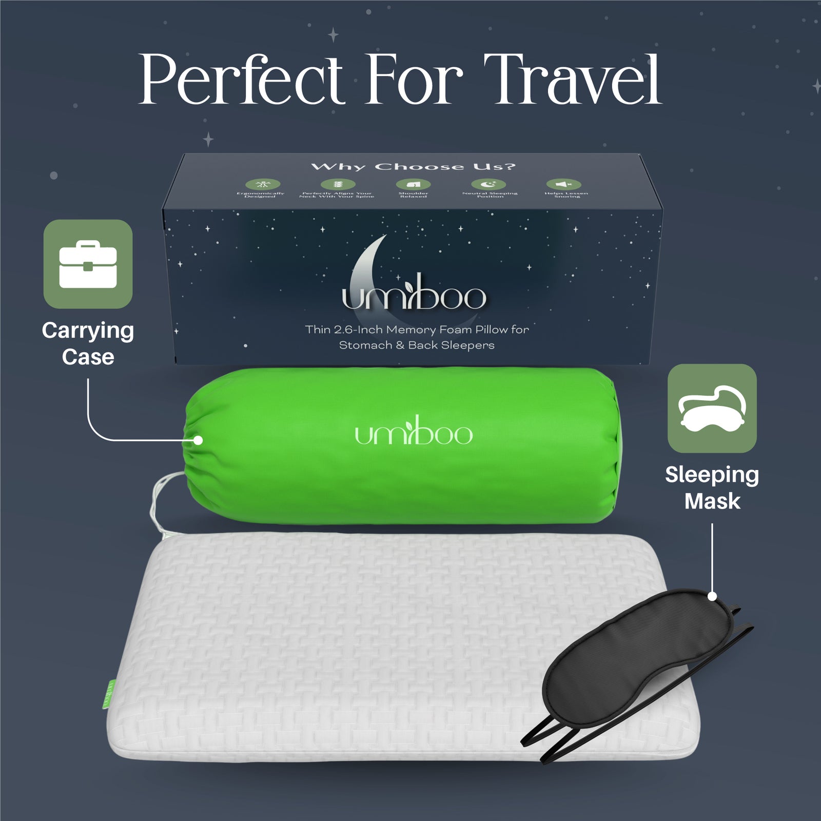 Umiboo Thin 2.5-Inch Memory Foam Pillow for Stomach and Back Sleepers / memory foam (White)